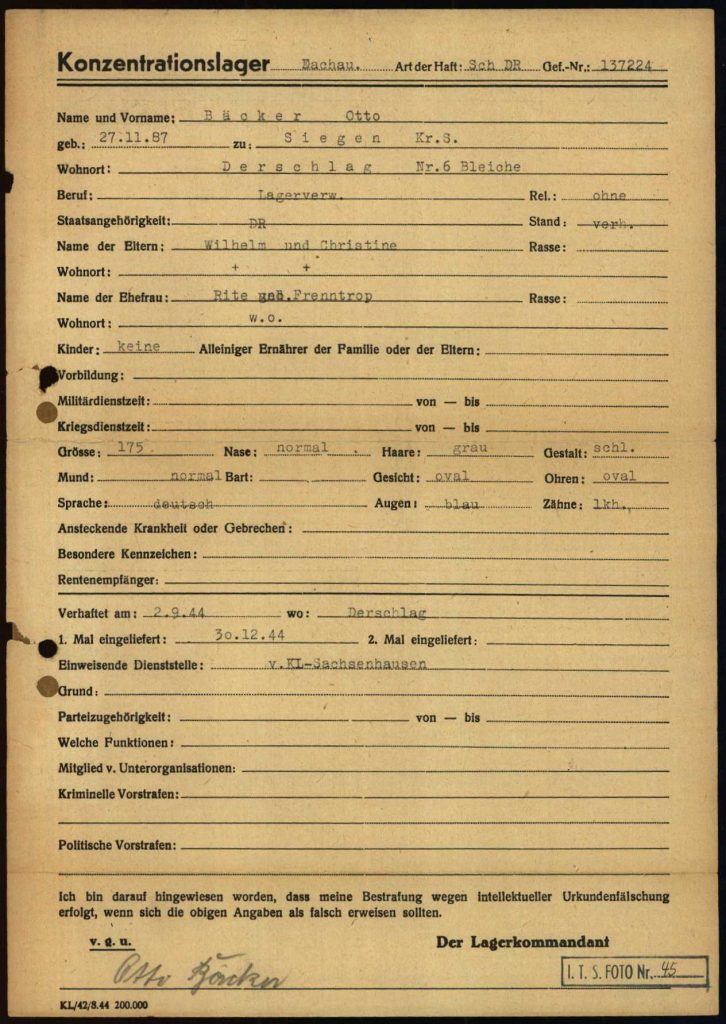 Aufnahmebogen von Otto Bäcker aus dem KZ Dachau