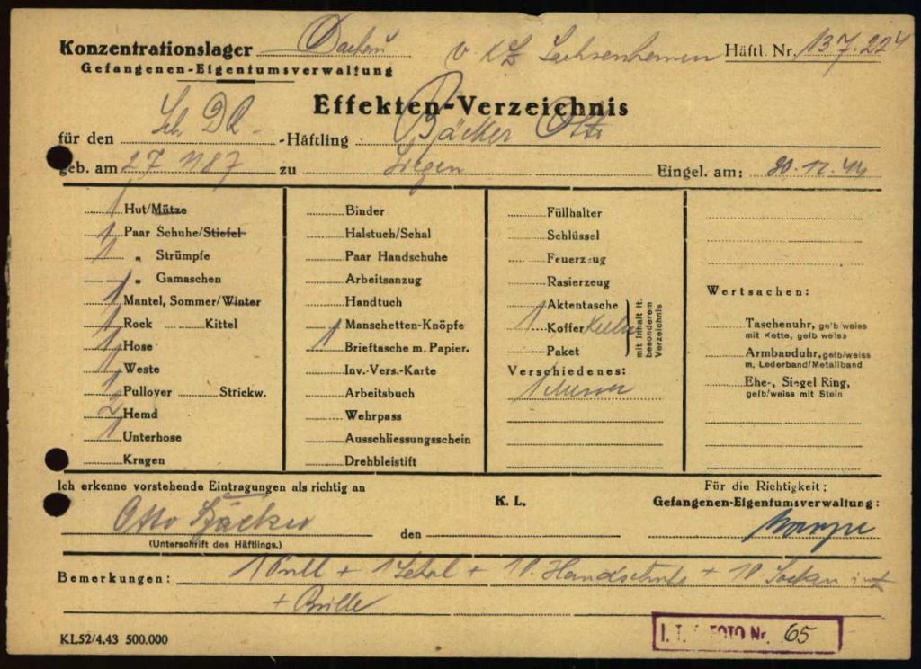 Effektenkarte von Otto Bäcker aus dem KZ Dachau