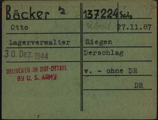 Karteikarte für Otto Bäcker aus der Schreibstube des KZ Dachau