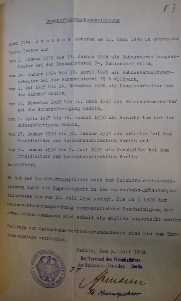 Beschäftigungsbescheinigung von Otto Janssen