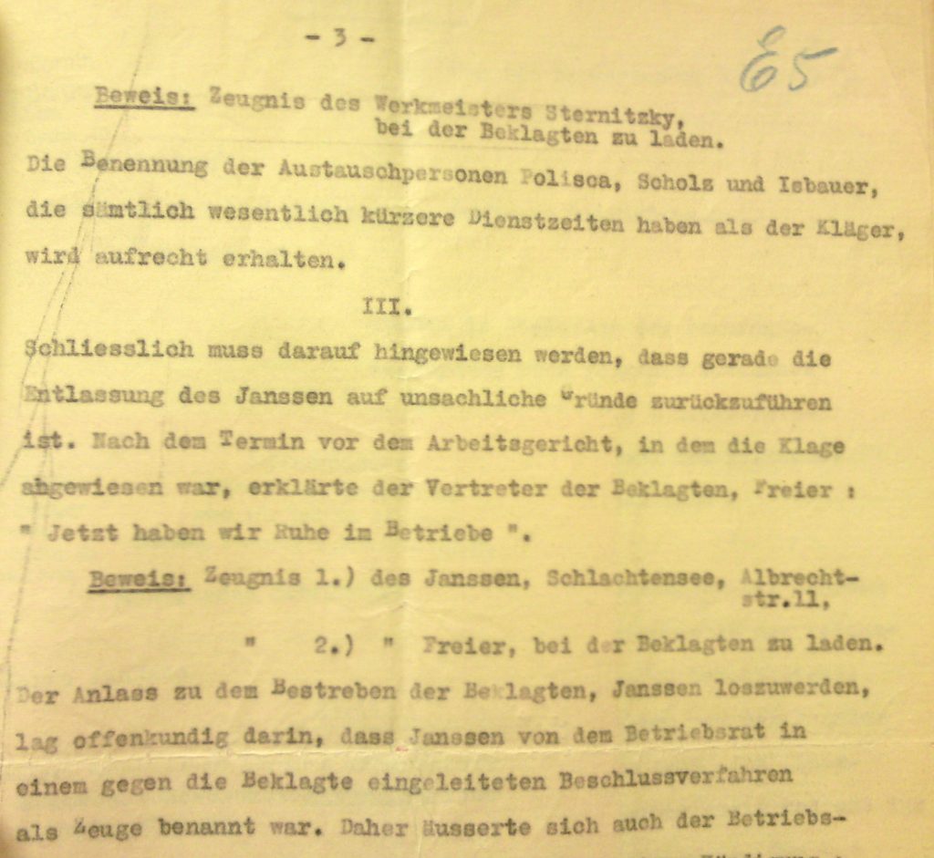 Ausschnitt aus dem Schreiben des Anwalts von Otto Janssen anlässlich dessen Maßregelung 1932