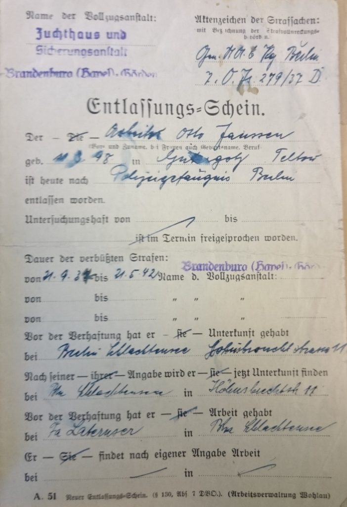 Entlassungsschein von Otto Janssen aus dem Zuchthaus Brandenburg-Görden