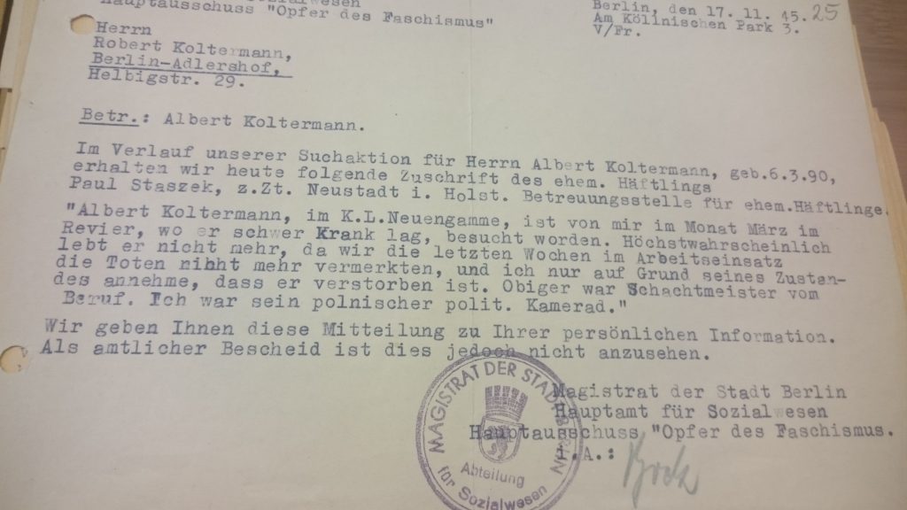 Bericht von Paul Staszek an Robert Koltermann über den Verbleib seines Vaters Albert Koltermann