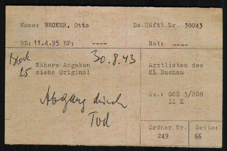 Auszug aus der Tuberkulose-Kartei des KZ Dachau mit dem Todesvermerk von Otto Becker