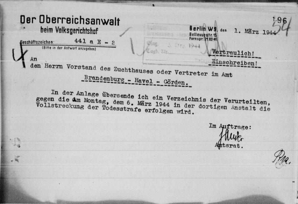 Vollstreckungsanweisung des Volksgerichtshofes für Todesurteile vom 1. März 1944