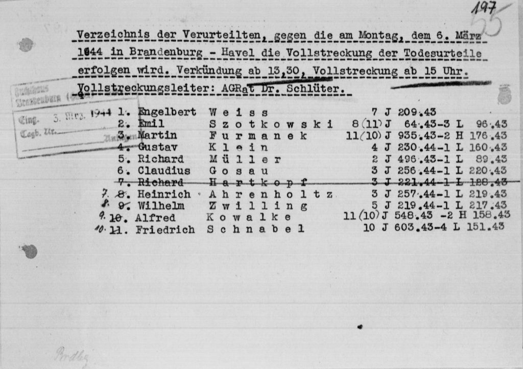 Verzeichnis der in Brandenburg-Görden zu vollstreckenden Todesurteile für den 6. März 1944