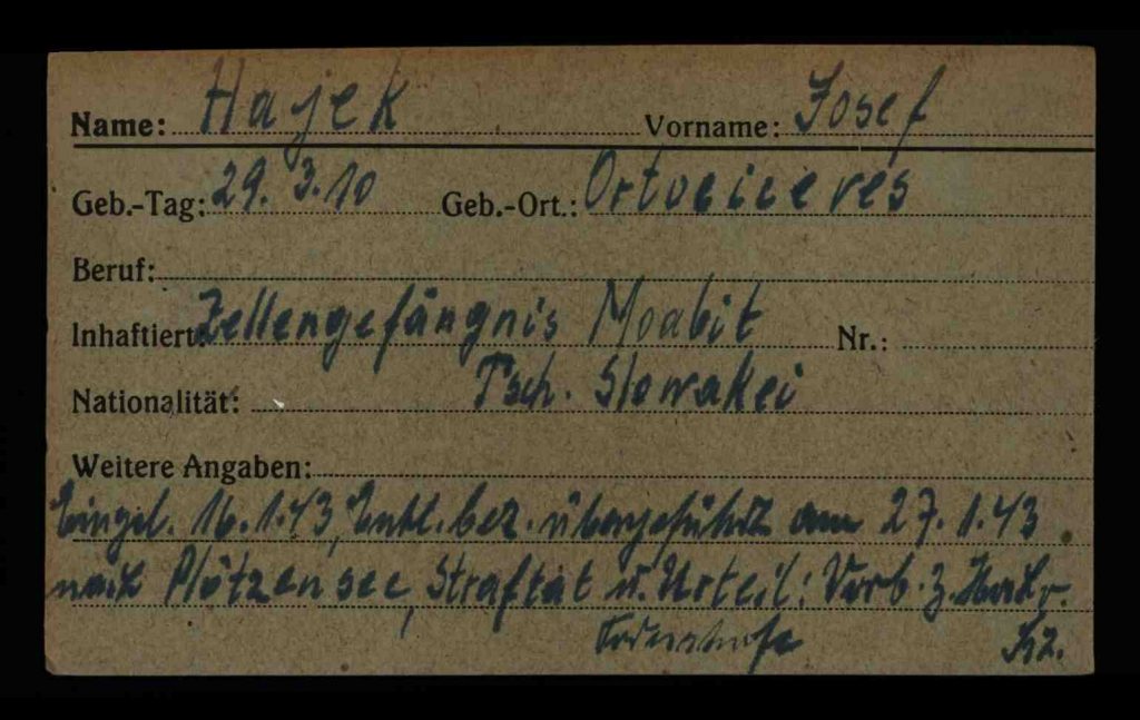 Karteikarte der Berliner Kriegsopfererfassung von Josef Hájek