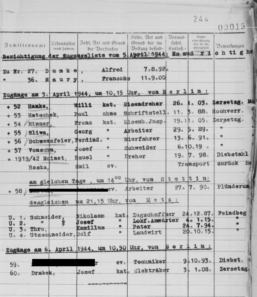 Eintrag von Franz Hinner auf einem Auszug einer EInlieferungsliste des Zuchthauses Brandenburg-Görden