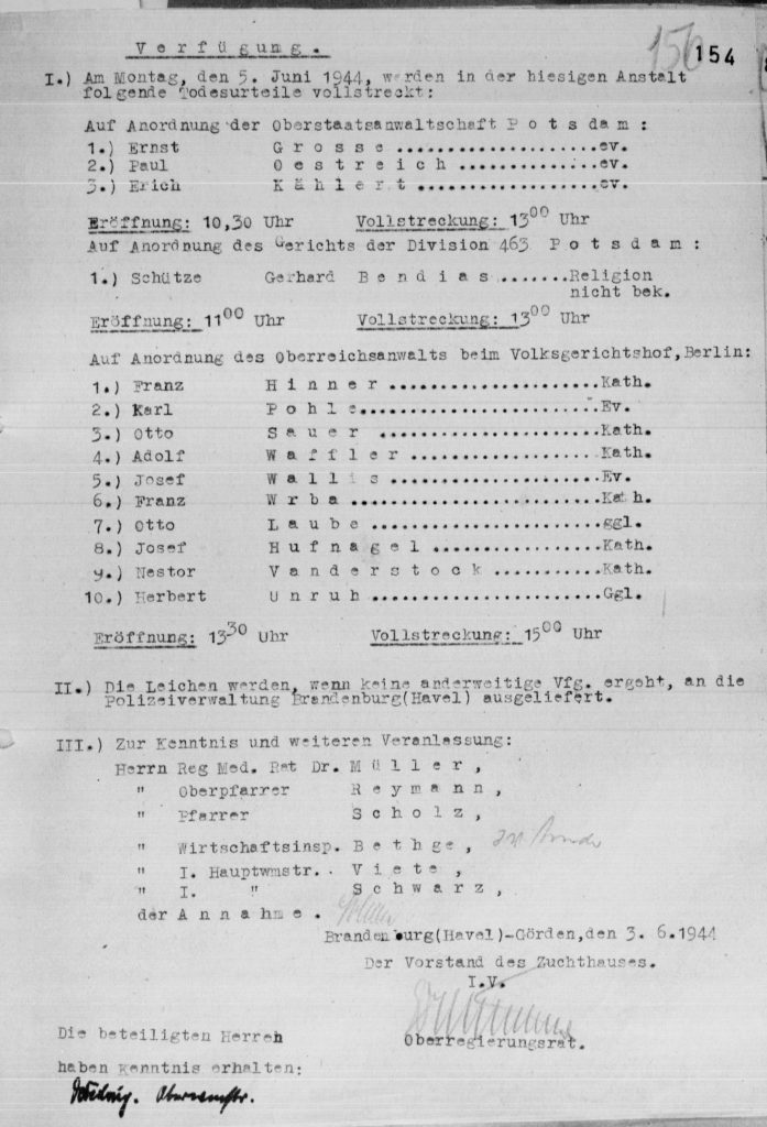 Verfügung der Hinrichtung von Franz Hinner am 5. Juni 1944