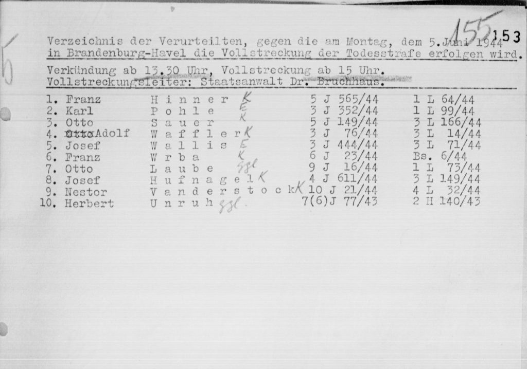 Ankündigung der Hinrichtung von Franz Hinner vom 31. Mai 1944