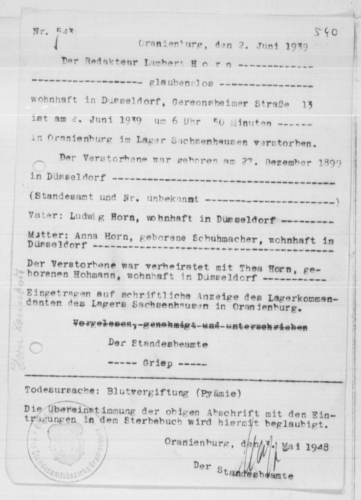 Sterbeurkunde von Lambert Horn aus dem KZ Sachsenhausen