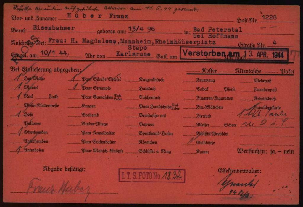 Effektenkarte von Franz Huber aus dem KZ Flossenbürg