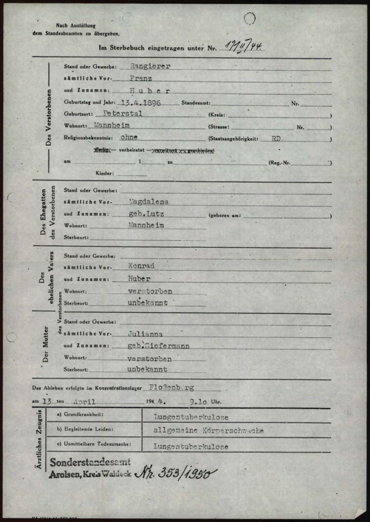 Eintrag zu Franz Huber im Sterbuch des KZ Flossenbürg