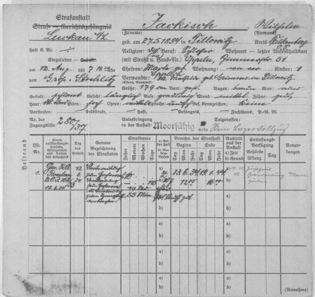 Gefangenenkarte von Wilhelm Jackisch aus dem Zuchtshaus Luckau