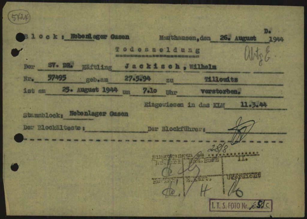 Todesmitteilung von Wilhelm Jackisch aus dem KZ Mauthausen
