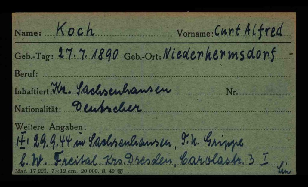 Karteikarte der Berliner Kriegsopfererfassung von Curt Koch, Vorderseite