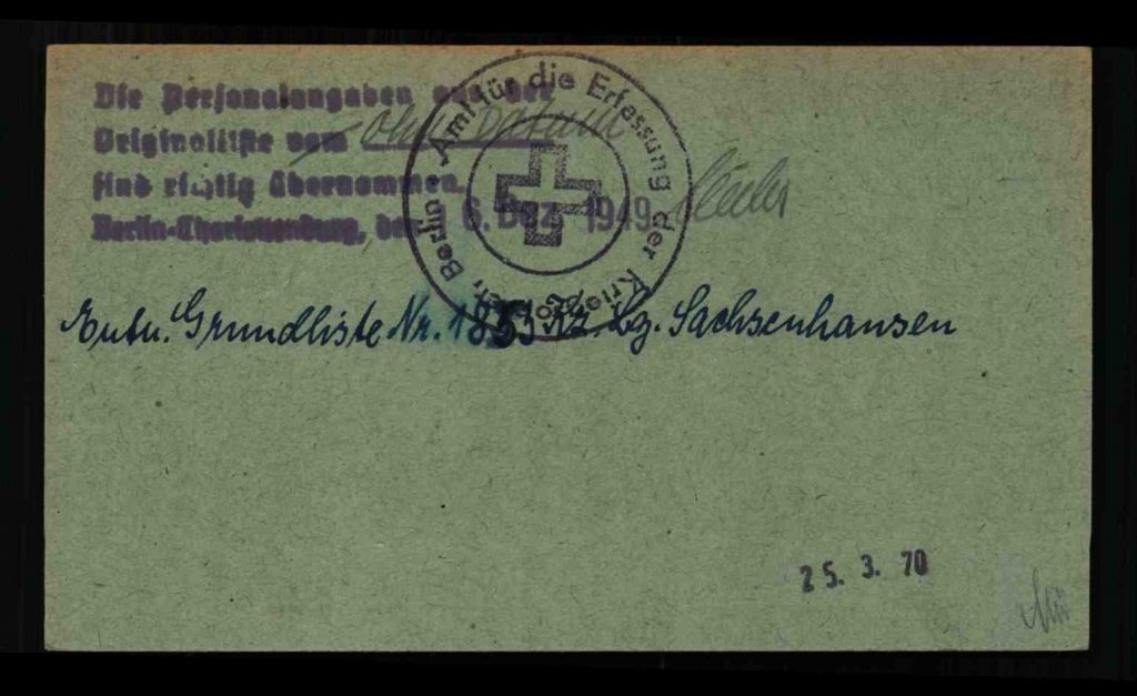 Karteikarte der Berliner Kriegsopfererfassung von Curt Koch, Rückseite