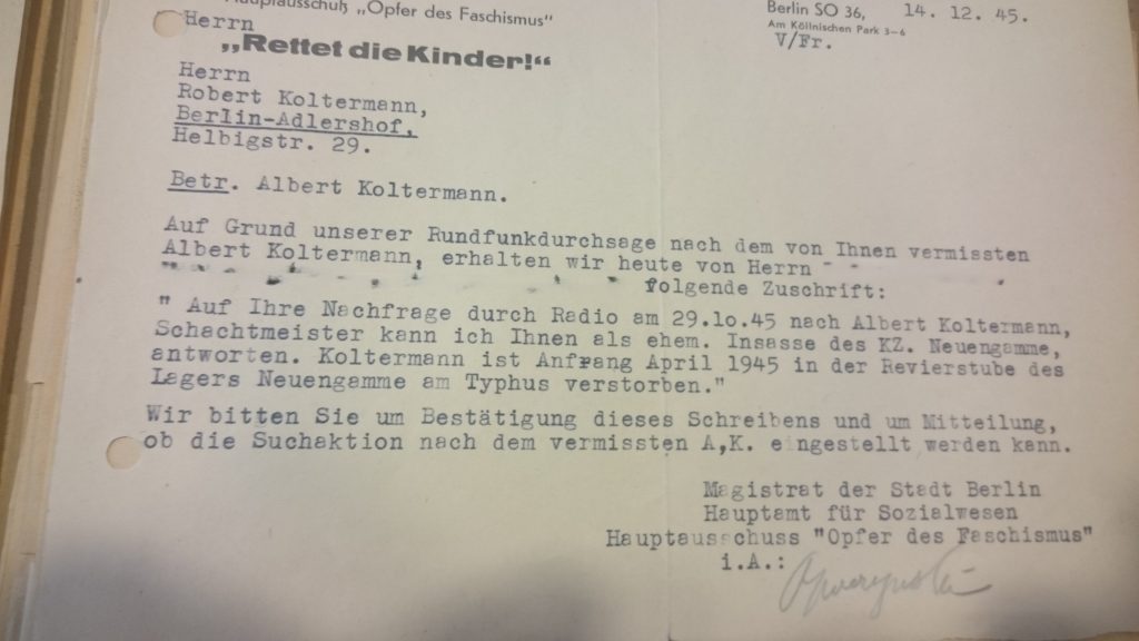Mitteilung der Todesumstände des Vaters an Robert Koltermann