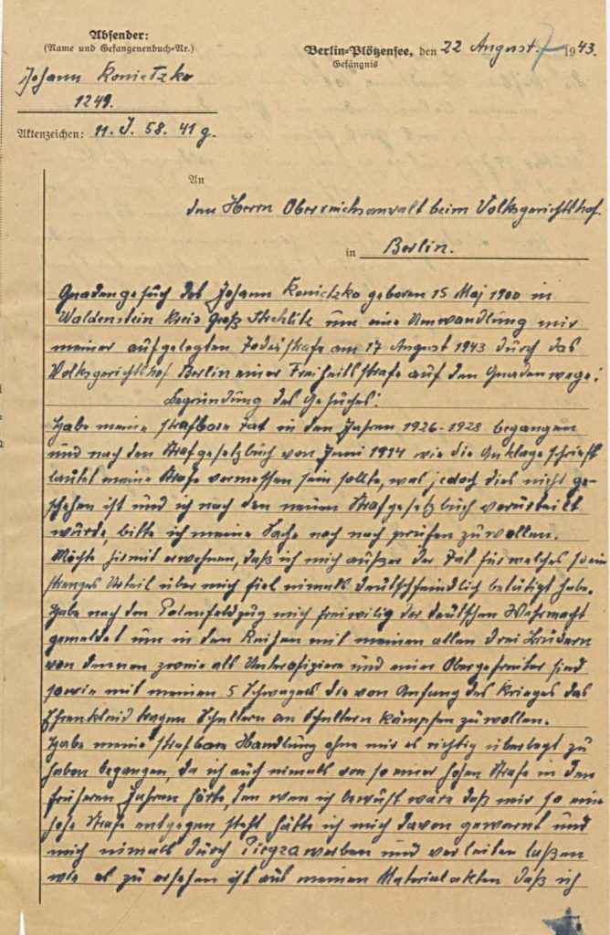 Am 22.8.1943 von Konieczko eingereichtes Gnadengesuch Seite 1