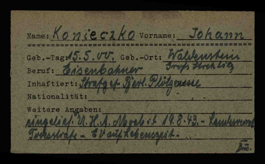 Vorderseite der Karteikarte der Berliner Kriegsopfererfassung von Johann Konieczko