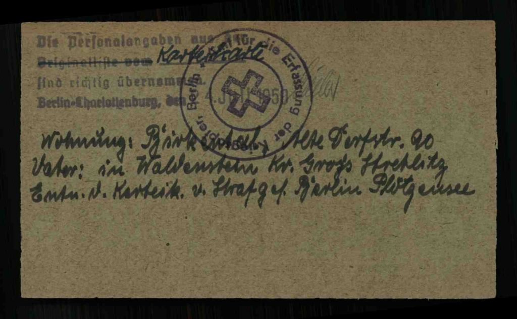 Rückseite der Karteikarte der Berliner Kriegsopfererfassung von Johann Konieczko