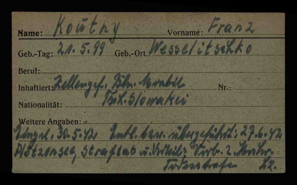 Voderseite der Karteikarte der Berliner Kriegsopfererfassung von František Koutný