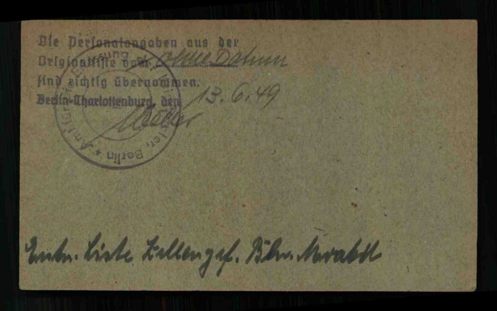 Rückseite der Karteikarte der Berliner Kriegsopfererfassung von František Koutný