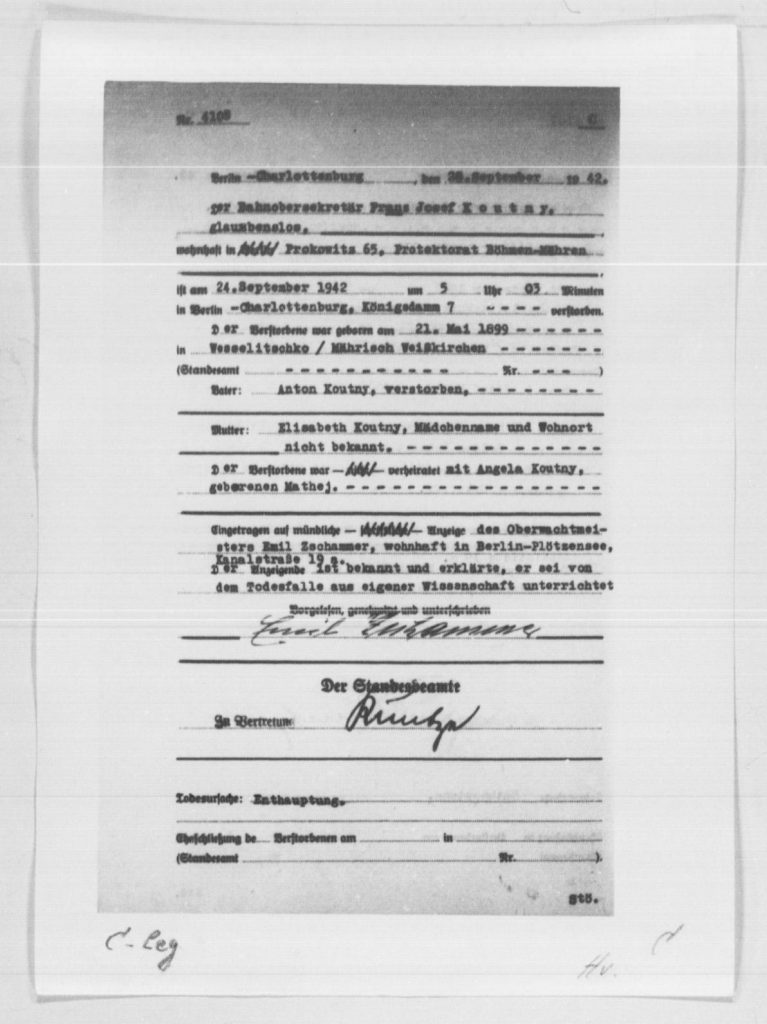 Sterbeurkunde von František Koutný