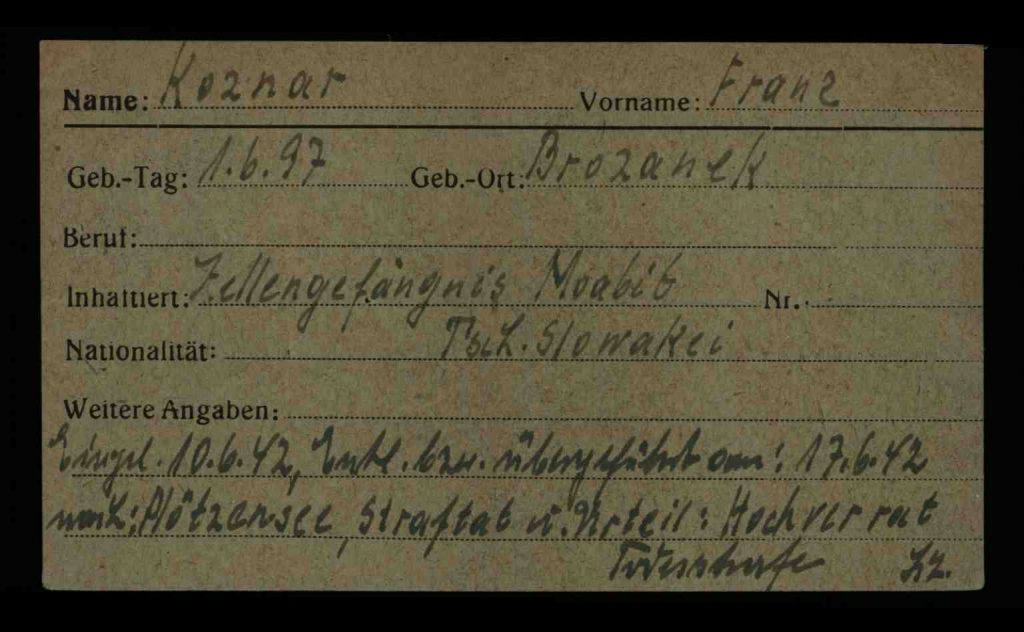 Vorderseite der Karteikarte der Berliner Kriegsopfererfassung von František Kožnar
