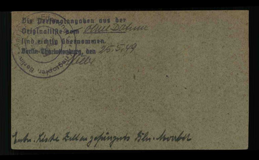 Rückseite der Karteikarte der Berliner Kriegsopfererfassung von František Kožnar