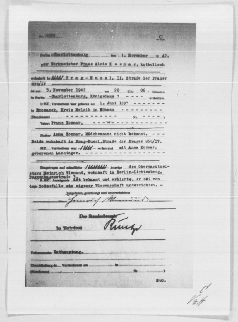 Sterbeurkunde von František Kožnar