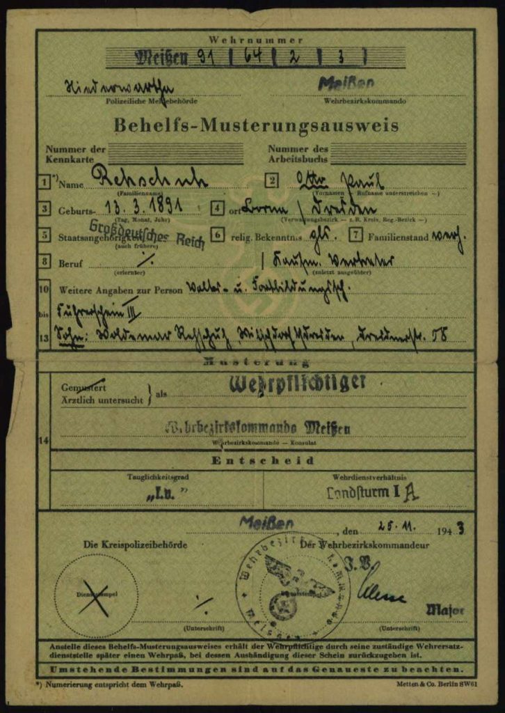 Behelfs-Musterungsausweis für Otto Rehschuh, verwahrt im KZ Neuengamme