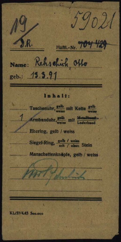 Häftlingskarte von Otto Rehschuh aus dem KZ Neuengamme