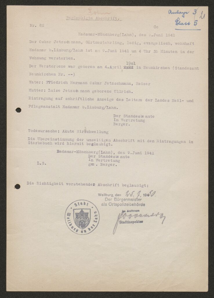 Beglaubigte Abschrift der Todesmitteilung von Oskar Jetzschmann (junior) aus der Tötungsanstalt Hadamar