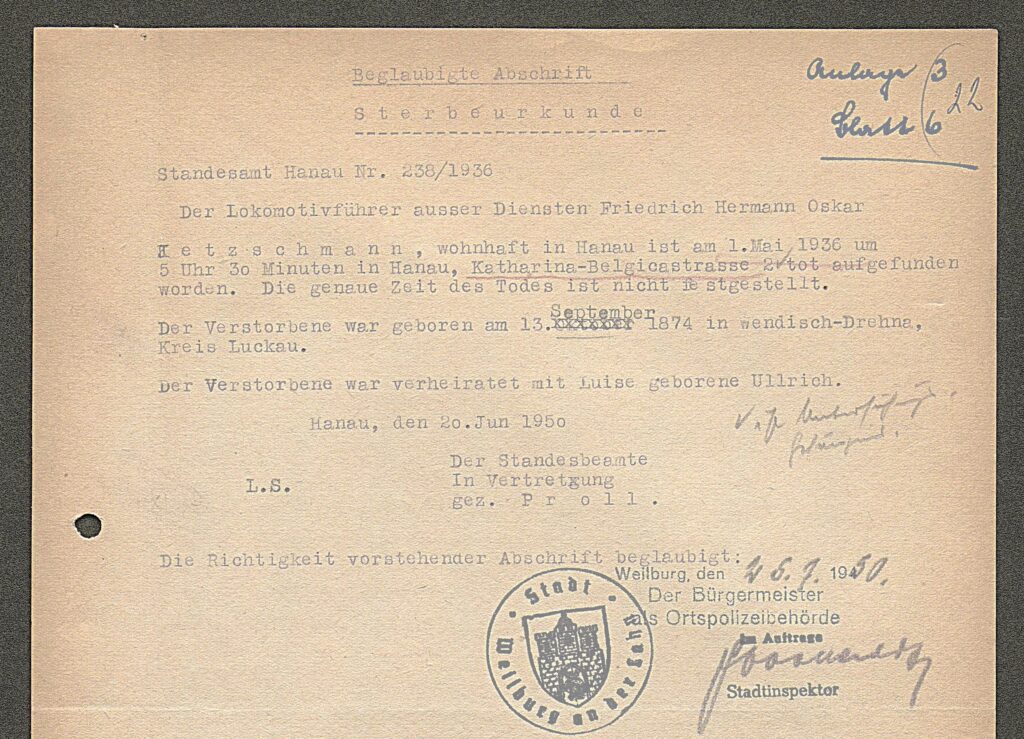 Beglaubigte Abschrift der Sterbeurkunde von Oskar Jetzschmann (senior)