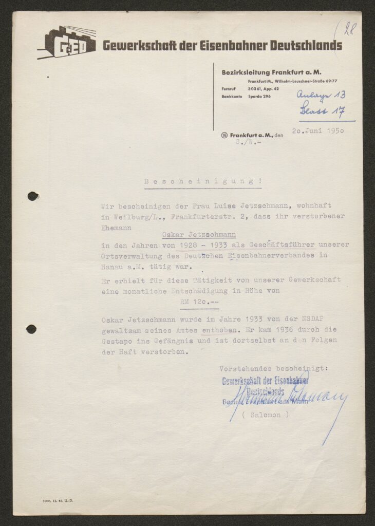 Bestätigung der Gewerkschaft der Eisenbahner Deutschlands, dass Oskar Jetzschmann (senior) als Geschäftsführer in Hanau angestellt war