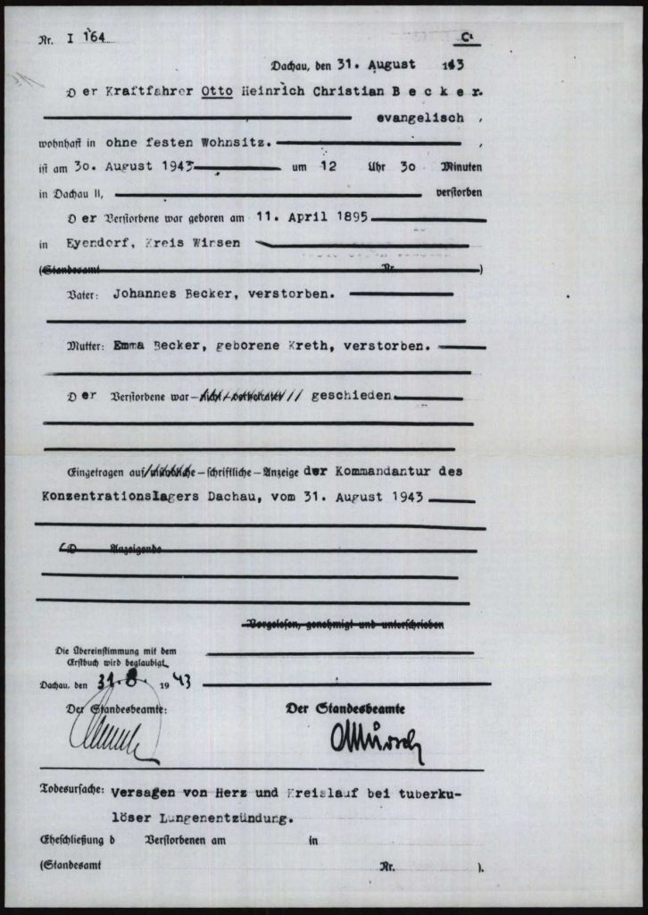 In Dachau ausgestellte Sterbeurkunde für Otto Becker