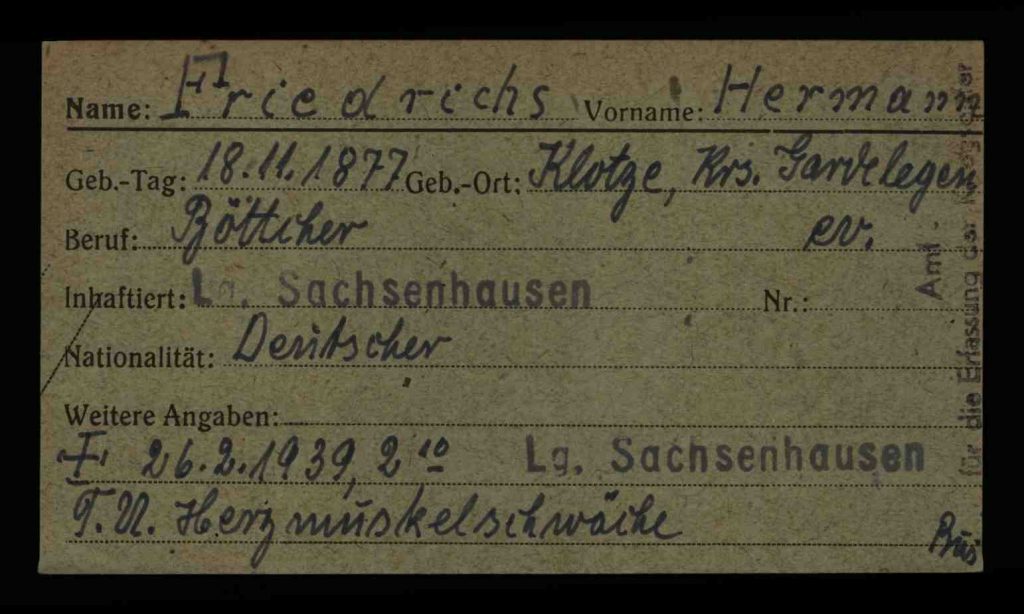 Karteikarte des Amtes für die Erfassung der Kriegsopfer in Berlin mit Eintragungen zu Hermann Friedrichs