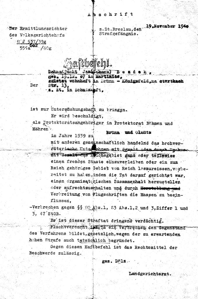 Haftbefehl für Jan Bezděk vom 19.11.1940