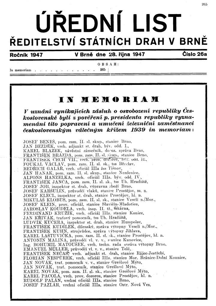 Titelseite des Amtsblatts der Staatseisenbahndirektion Brno mit den Eisenbahnern, denen posthum das tschechoslowakische Kriegskreuz verliehen wurde