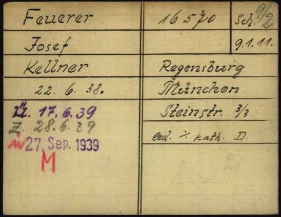 Häftlingskarte von Josef Feuerer aus dem KZ Dachau