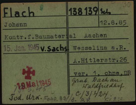 Karte von Johann Flach aus der Gefangenenkartei des KZ Dachau