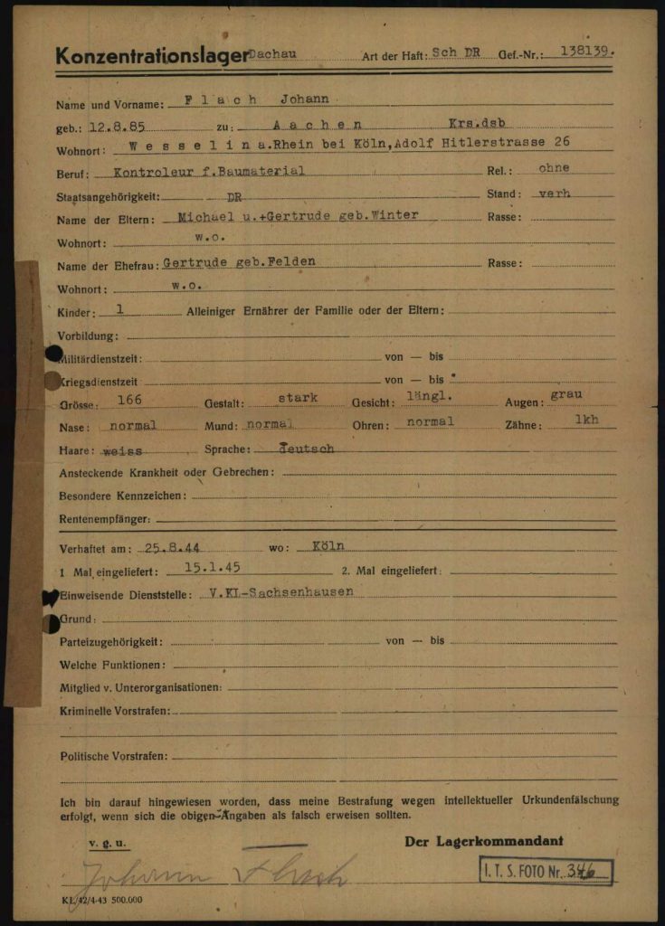 Häftlingsaufnahmebogen von Johann Flach aus dem KZ Dachau