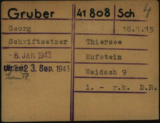 Häftlingskarte Georg Grubers aus dem KZ Dachau