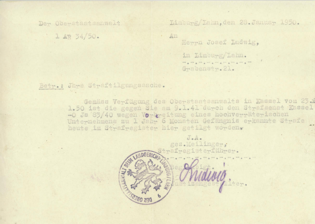 Mitteilung der Aufhebung des Urteils gegen Josef Ludwig aus dem Jahr 1950