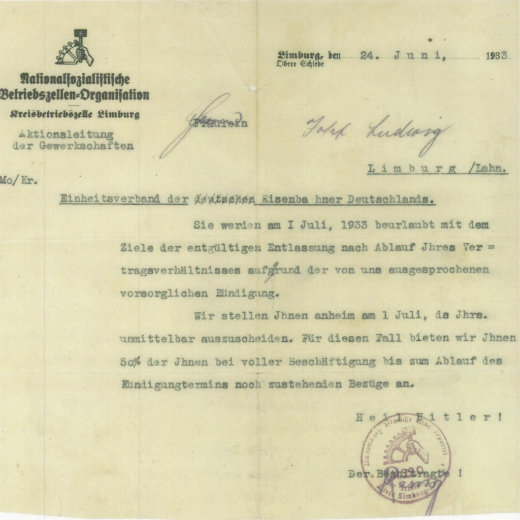 Kündigungsschreiben des NSBO-Beauftragten vom 24.6.1933