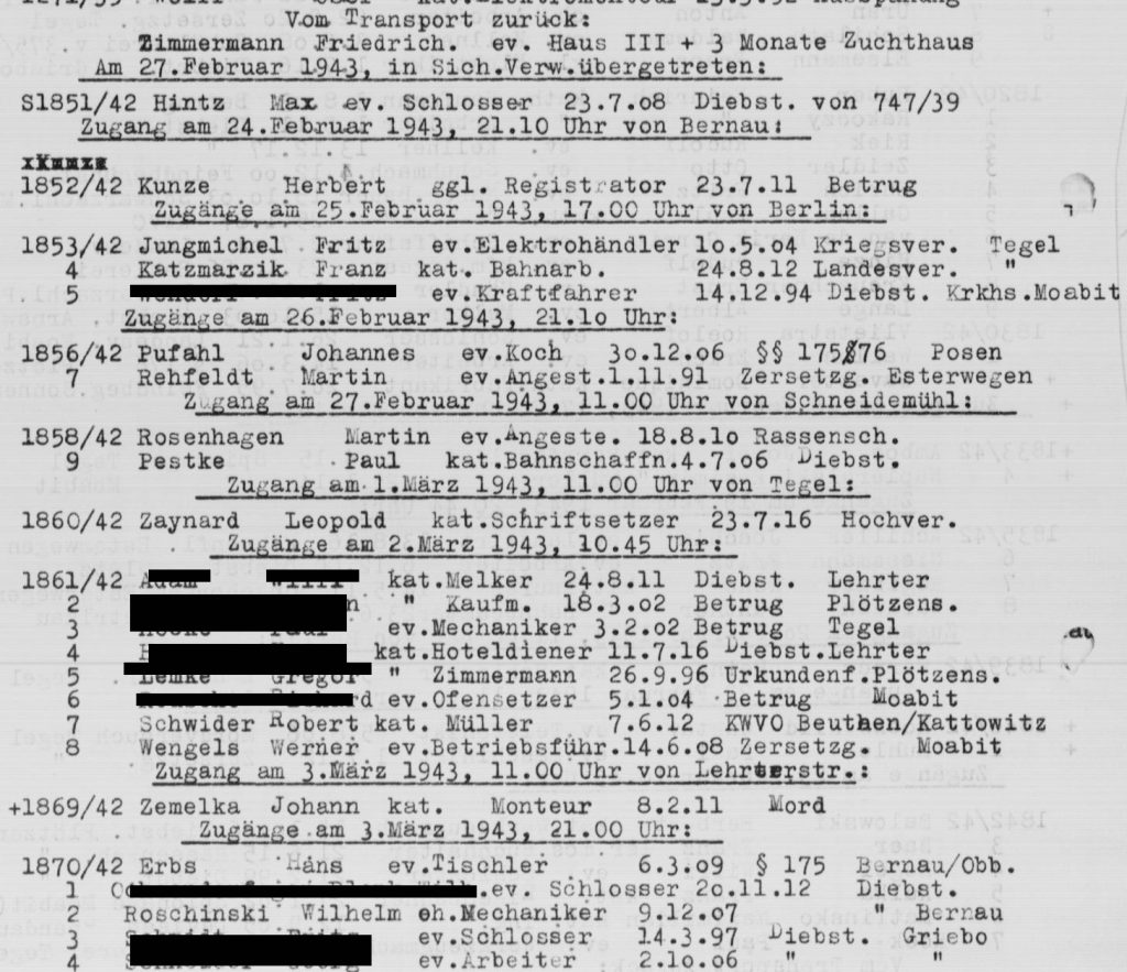 Eintrag zu Franz Katzmarzik im Zugangsbuch des Zuchthauses Brandenburg-Görden