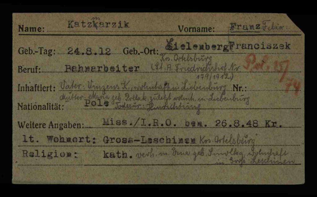 Karteikarte der Berliner Kriegsopfererfassung von Franz Katzmarzik, Vorderseite