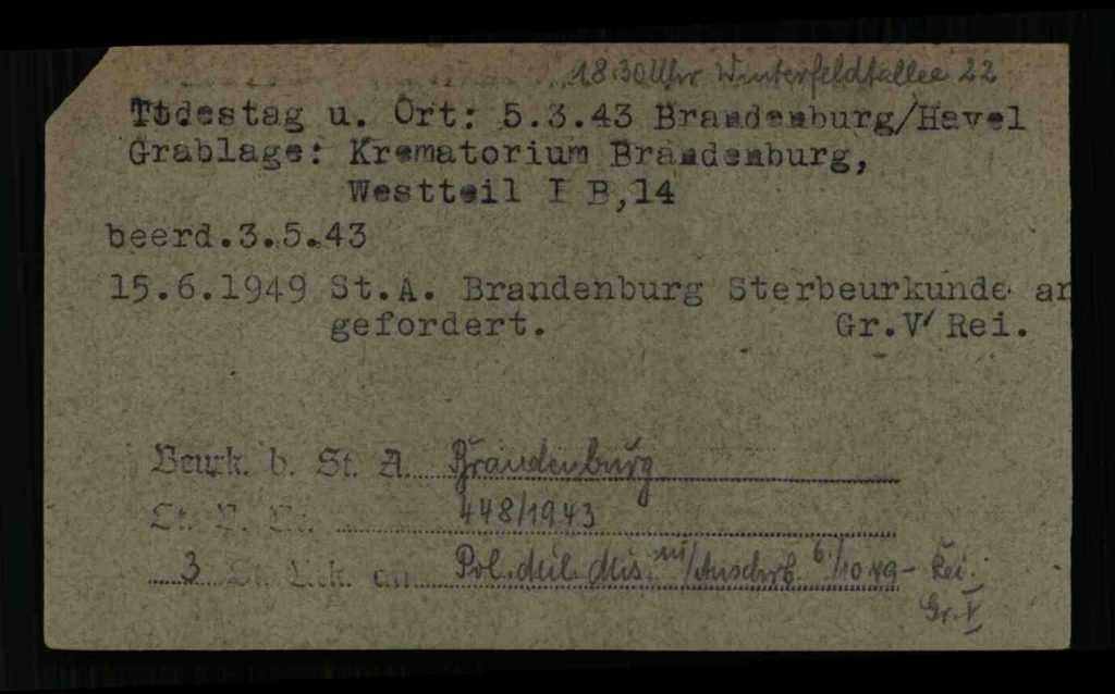 Karteikarte der Berliner Kriegsopfererfassung von Franz Katzmarzik, Rückseite